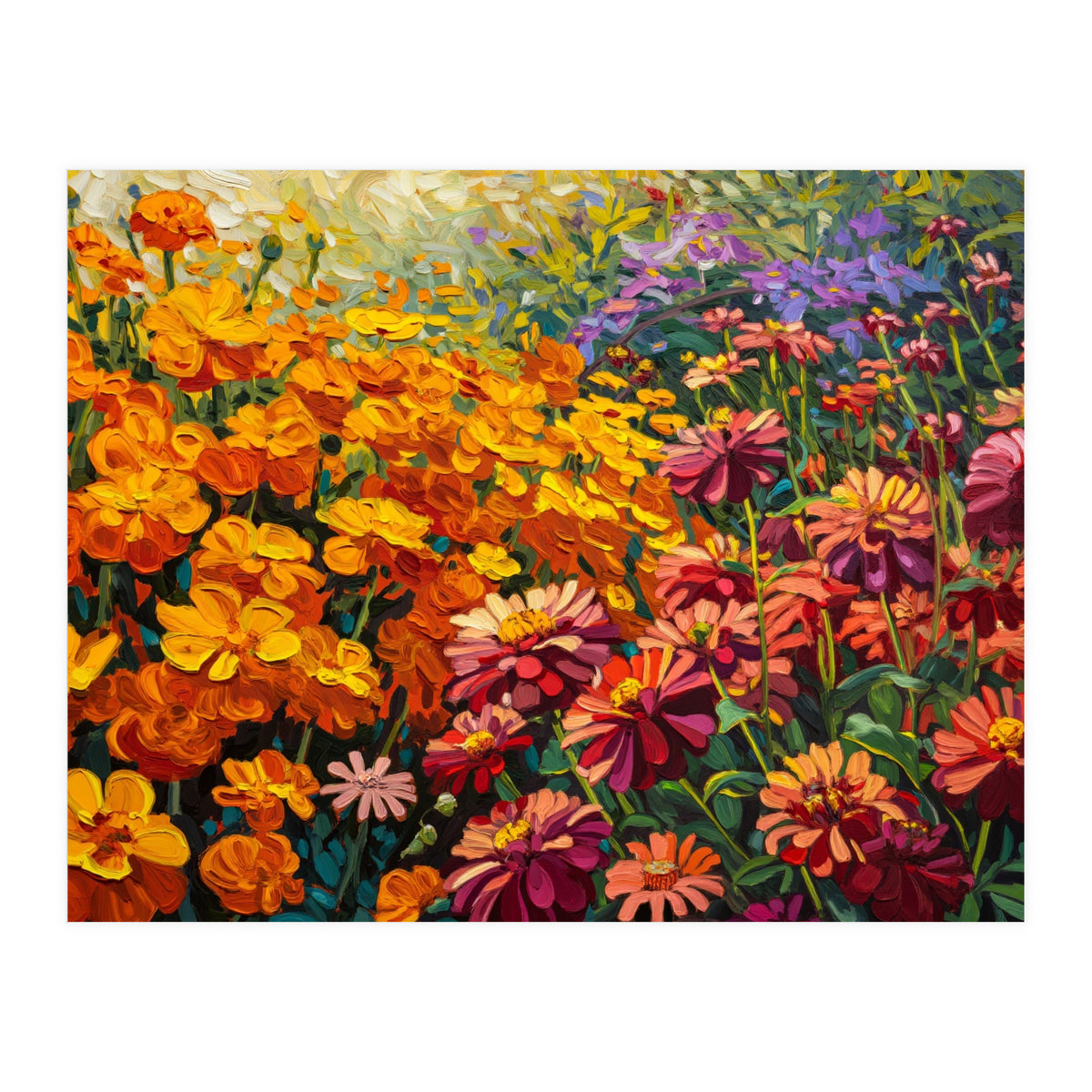 Radiant Summer Zinnia and Marigold Meadow Oil Painting (Print Only)