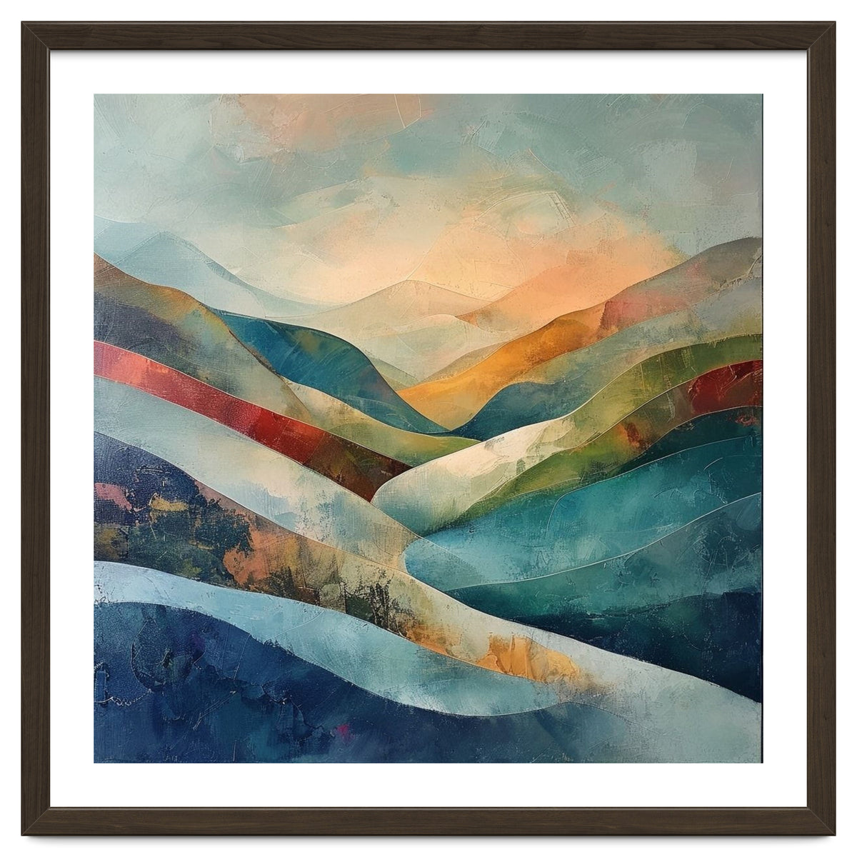 Abstract Mountain Landscape Painting with Textured Rolling Hills