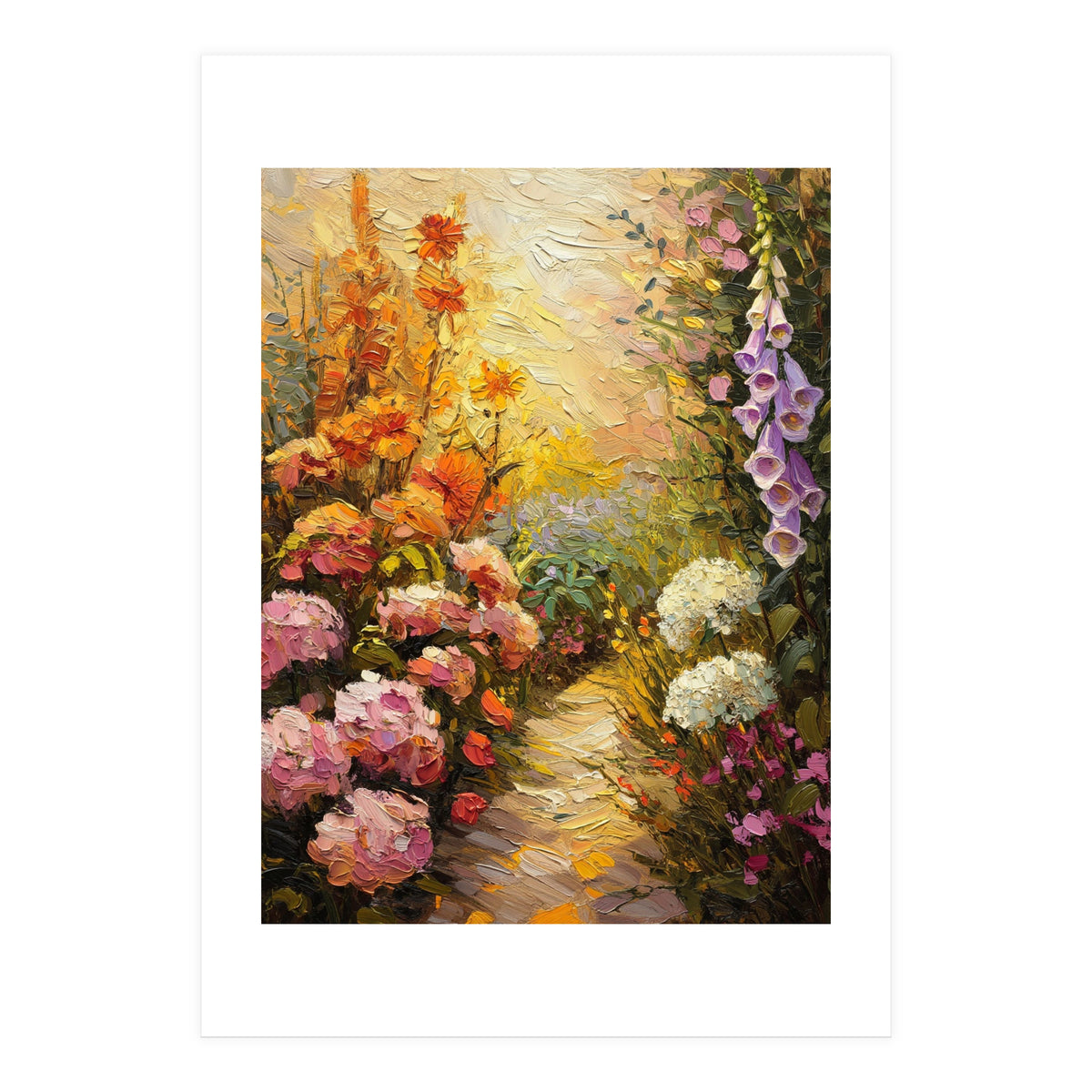 Golden Hour Summer Garden Path Oil Painting (Print Only)