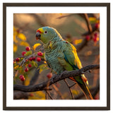 Green Parrot Perched On A Branch With Berries thumbnail