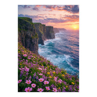 Coastal Sunset Wildflowers: Dramatic Ocean Cliffs and Floral Meadow (Print Only)