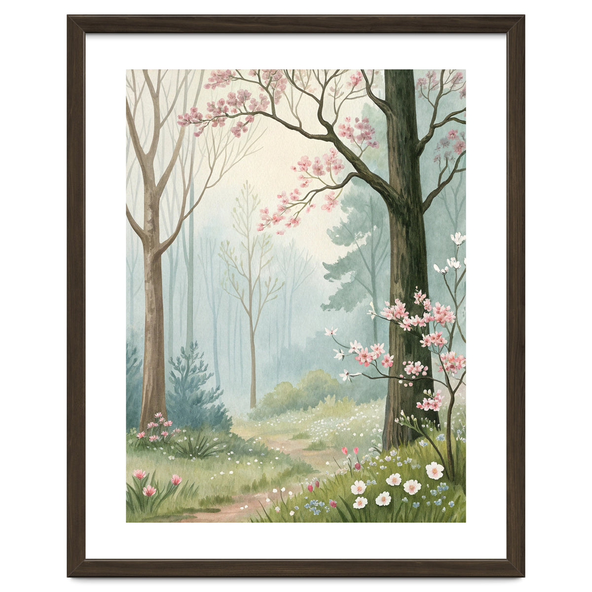 Enchanted Spring Woodland Path with Blooming Cherry Blossoms and Misty Pastel Forest Atmosphere