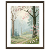 Enchanted Spring Woodland Path with Blooming Cherry Blossoms and Misty Pastel Forest Atmosphere