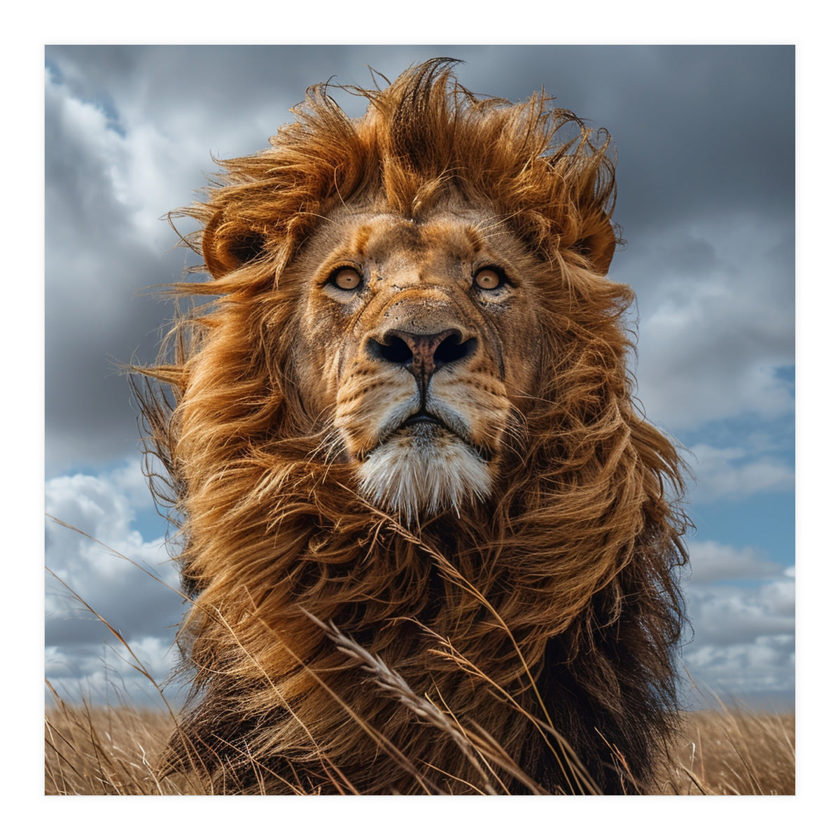 Majestic Lion Portrait Windblown Mane Outdoors (Print Only)