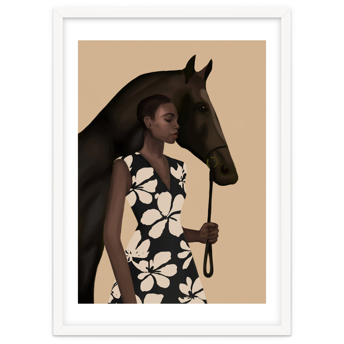 Woman In Bold Print With Black Horse
