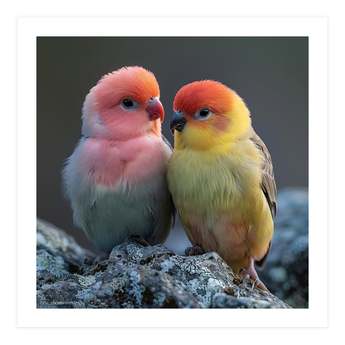 Pair Of Lovebirds Sitting On Rocks (Print Only)