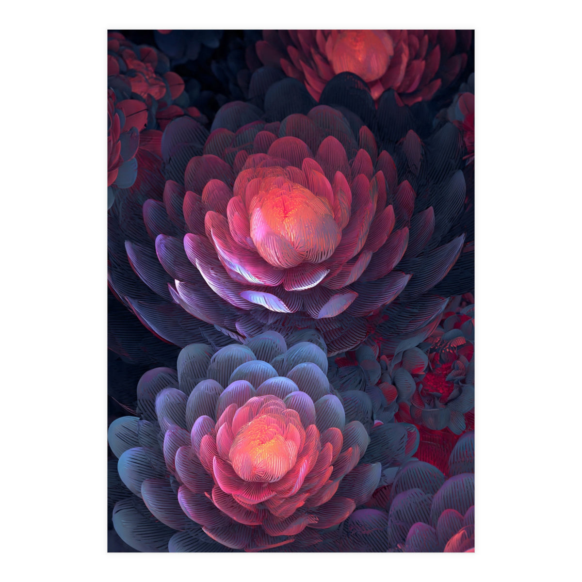 Ethereal Neon Blooms: Intricate 3D Floral Fractal Art (Print Only)