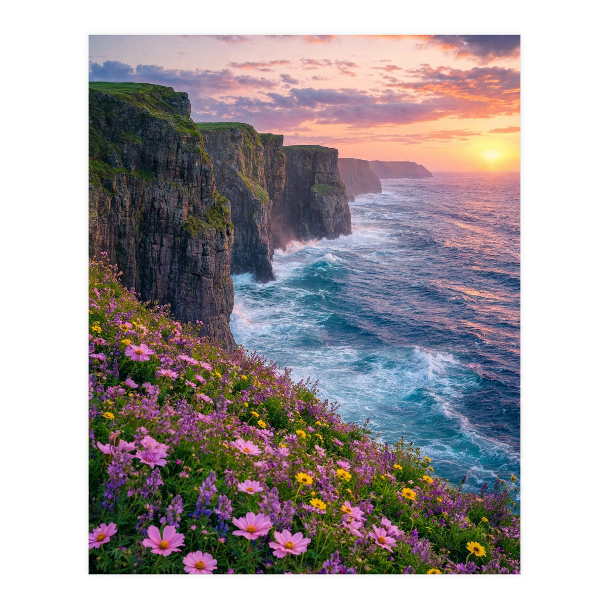 Coastal Sunset Wildflowers: Dramatic Ocean Cliffs and Floral Meadow (Print Only)