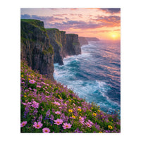 Coastal Sunset Wildflowers: Dramatic Ocean Cliffs and Floral Meadow (Print Only)