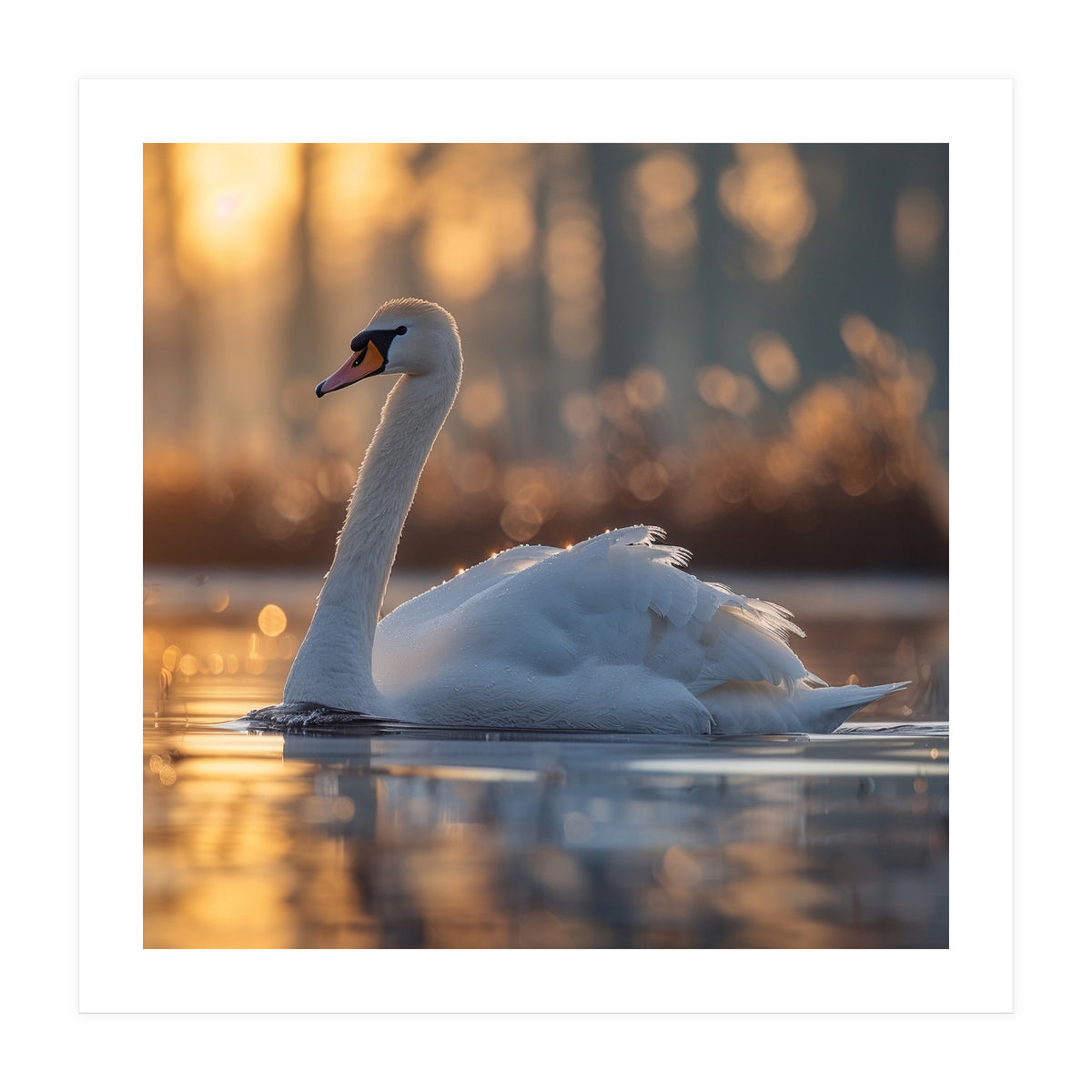 Majestic Swan Gliding On Water At Sunset (Print Only)