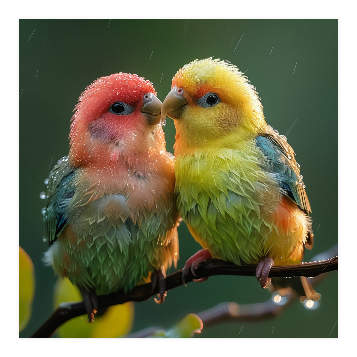 Two Lovebirds Perched On A Branch In Rain (Print Only)