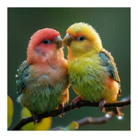 Two Lovebirds Perched On A Branch In Rain (Print Only)