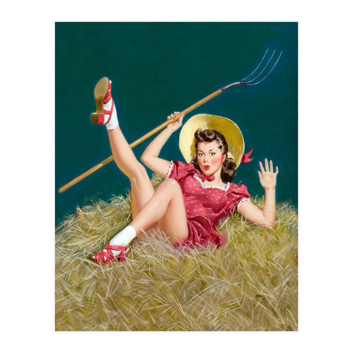 Pinup Sexy Girl Posing On A Hay With A Pitchfork (Print Only)