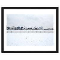 A seagull and snow covered houses