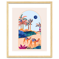 The Arabian Desert, Nature Landscape Travel Illustration, Camels Eclectic Sand Dunes Dubai Palm, Sahara Middle East Hot Summer Animals Bohemian