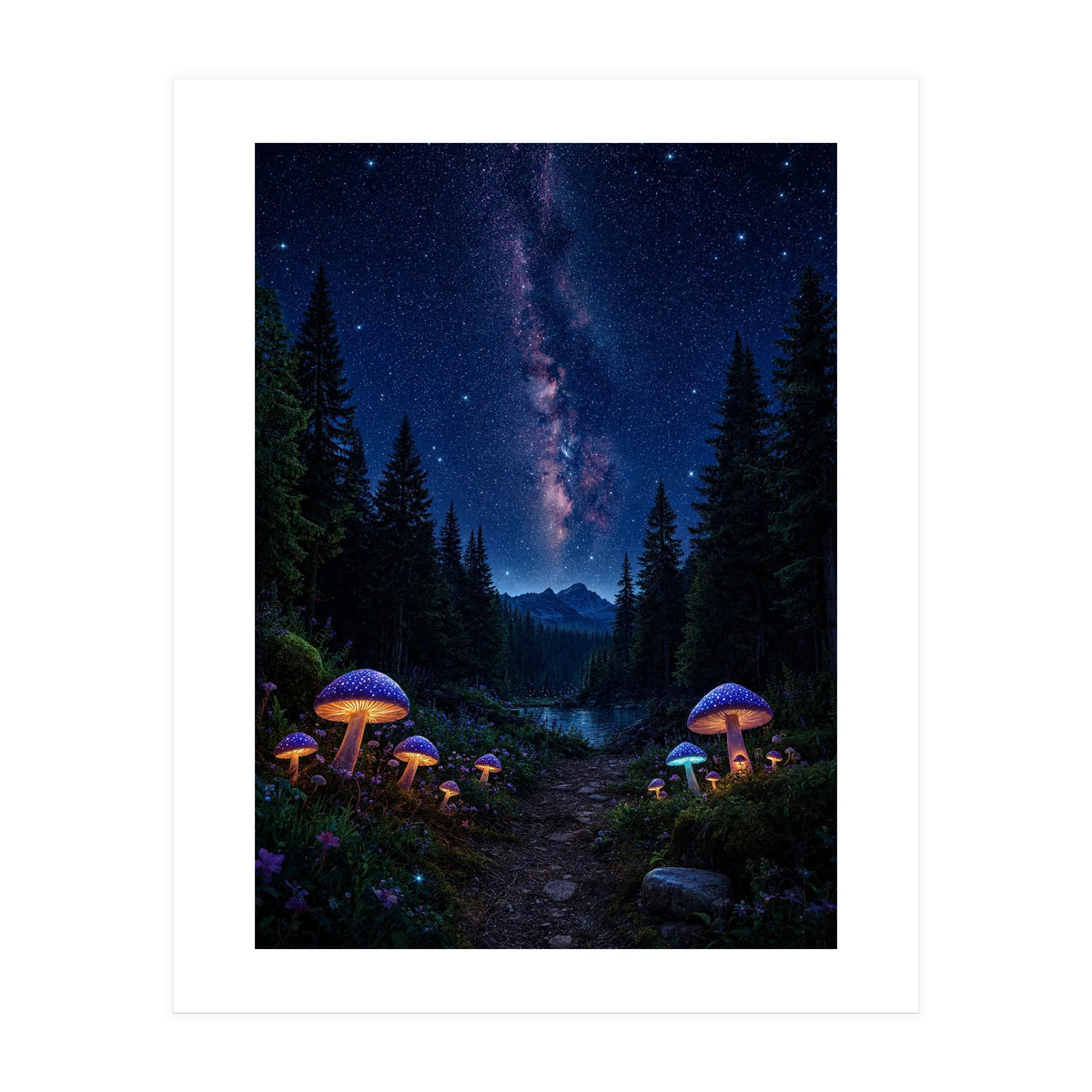 Enchanted Midnight Forest: Glowing Mushrooms and Milky Way (Print Only)