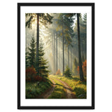 The Golden Path: Ethereal Sunbeams Piercing Through a Misty Evergreen Forest at Dawn thumbnail