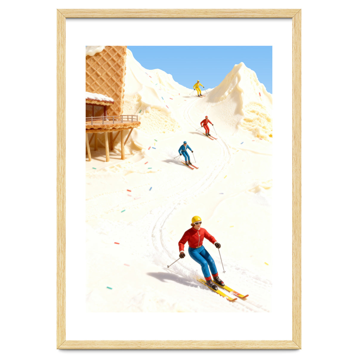 Skiing on Ice Cream Mountains, Miniature Skiers Winter Art Print for Kitchen Decor