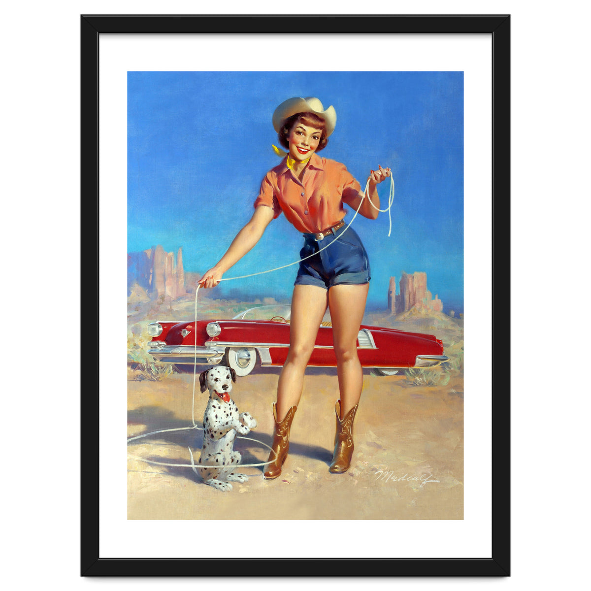 Pinup Cowgirl Showing A New Dog Trick