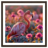 Pink Flamingo Standing In A Field Of Flowers thumbnail