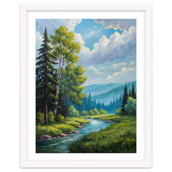 Serene Mountain River Landscape Oil Painting
