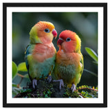 Lovebirds Pair Perched On Mossy Branch Outdoors thumbnail