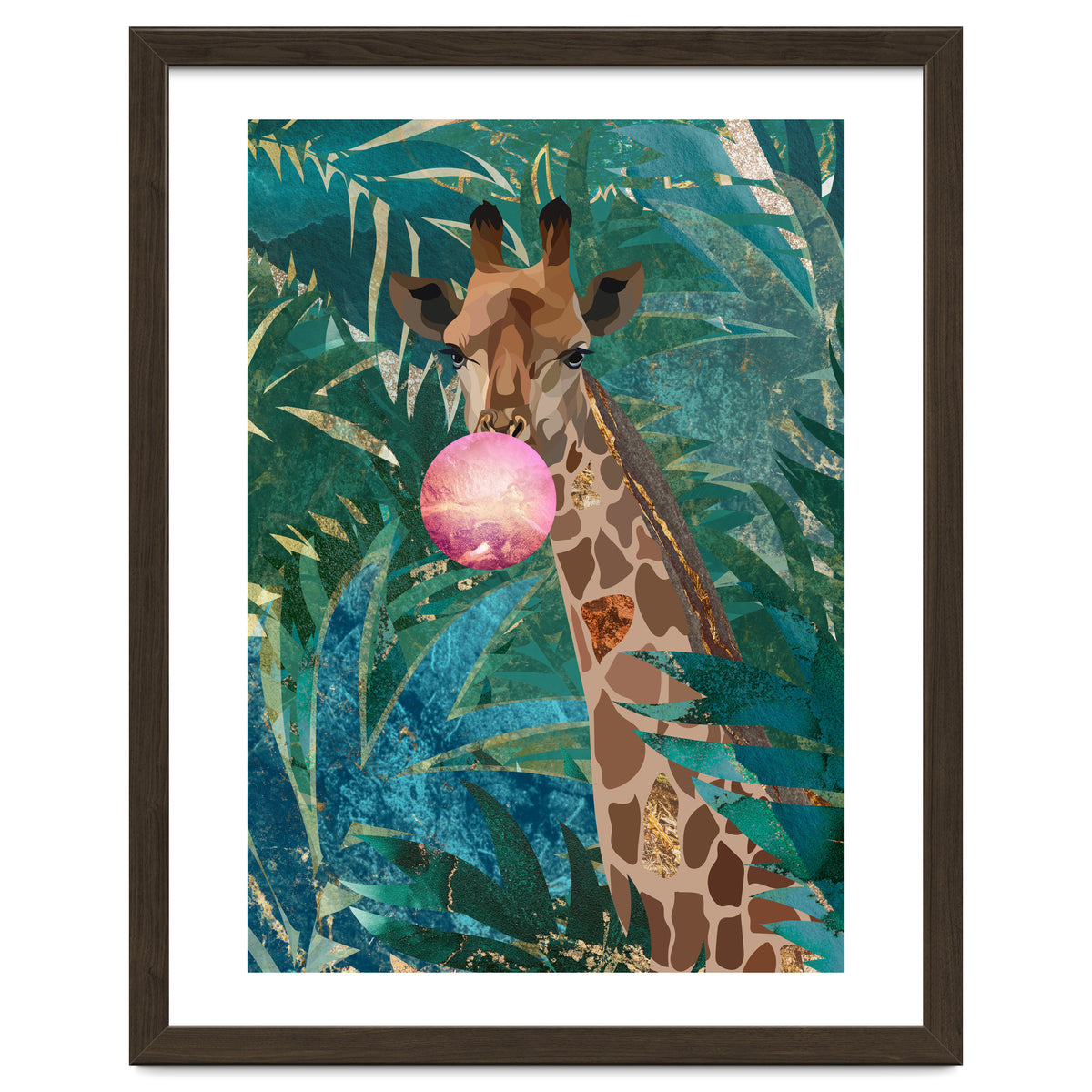 Giraffe blowing a bubble in the jungle