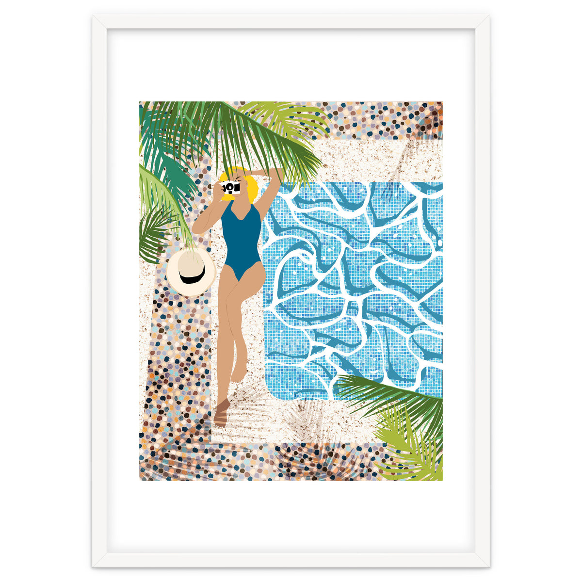 Click, Summer Travel Poolside Swim, Moroccan Tiles Staycation Vacation Holiday, Bohemian Woman Swimsuit Fashion Pose