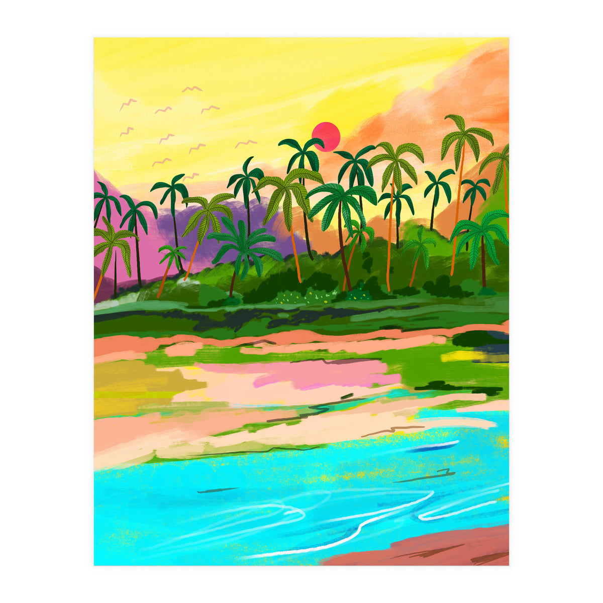 Tropical Backwaters Of Kerala, Nature Jungle Forest Landscape Painting, Dreamy Scenic Travel Lake Palm Bohemian (Print Only)