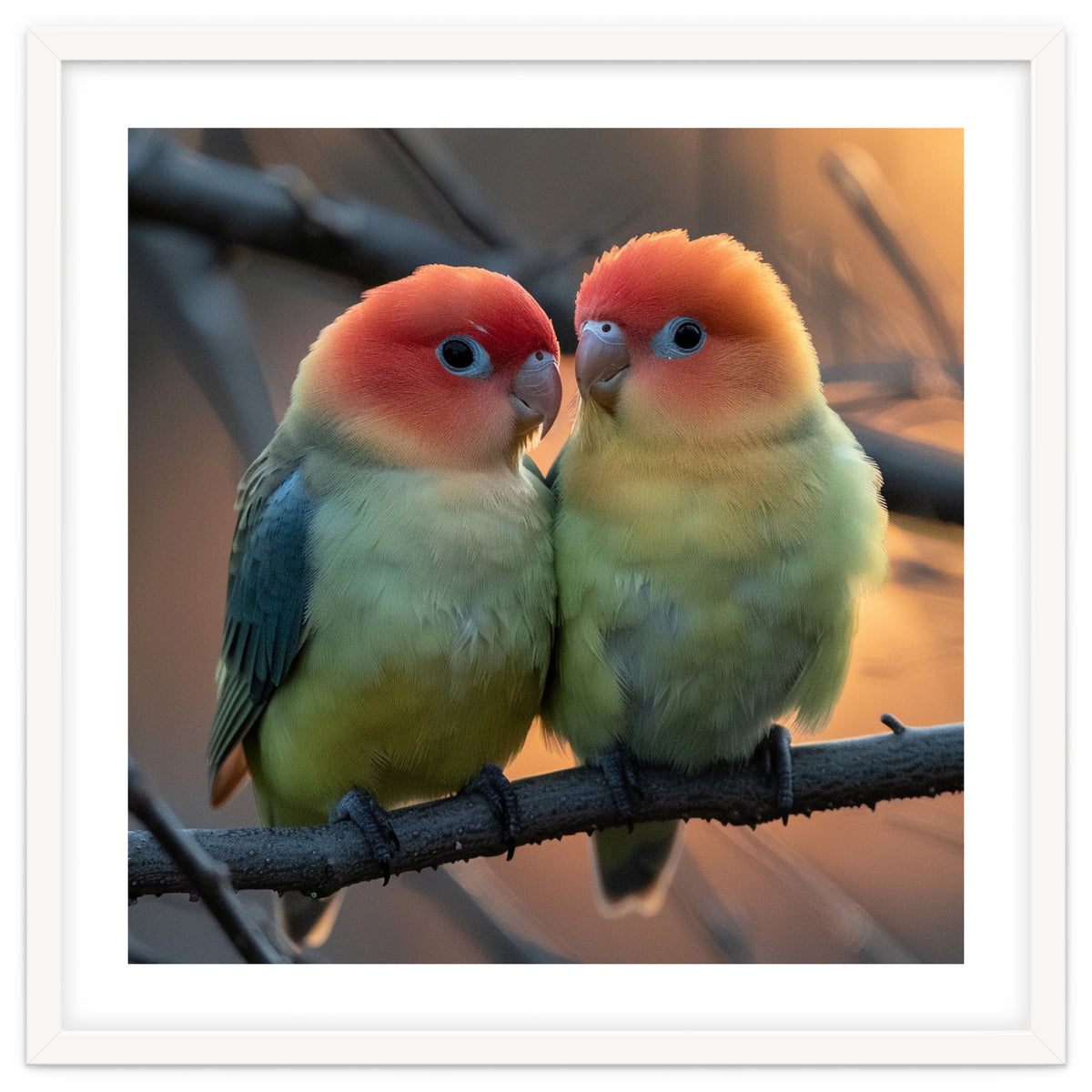 Two Lovebirds Perched On A Branch At Sunset