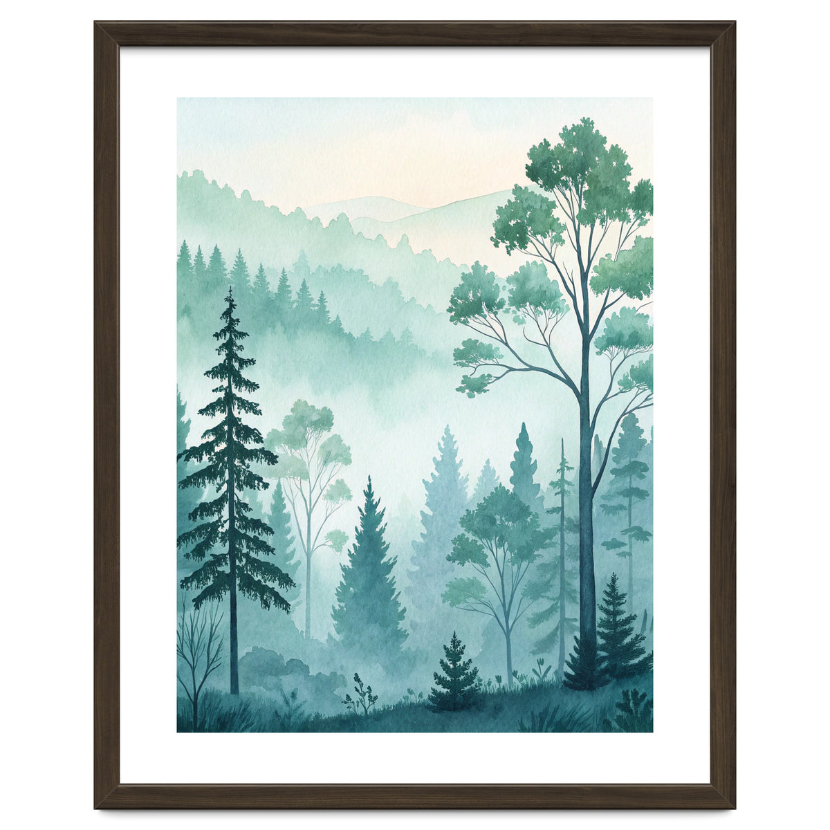 Ethereal Misty Pine Forest Watercolor Art