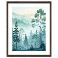 Ethereal Misty Pine Forest Watercolor Art