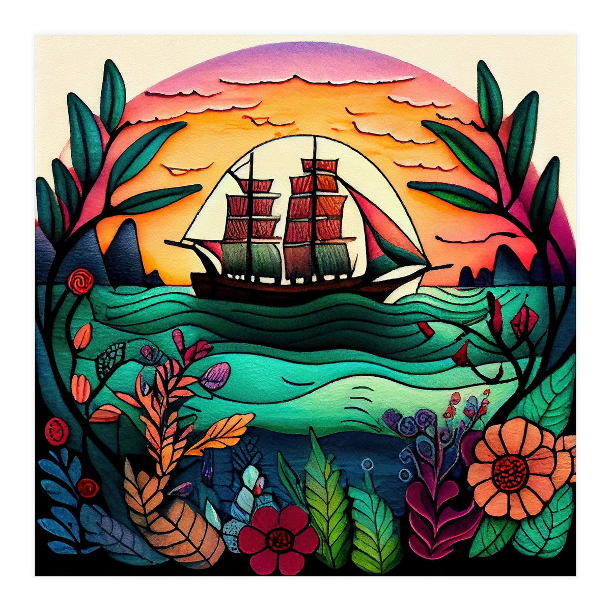 Folk Sunset Sailing Ship (Print Only)