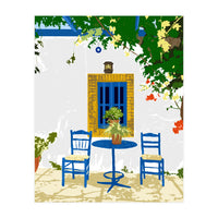 Greek Vacay For Two, Evil Eye Santorini Travel Summer, Eclectic Travel Architecture White Buildings Cafe (Print Only)