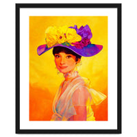 Audrey Hepburn Pop Art, Vibrant Floral Hat Portrait, Iconic Movie Star Illustration
