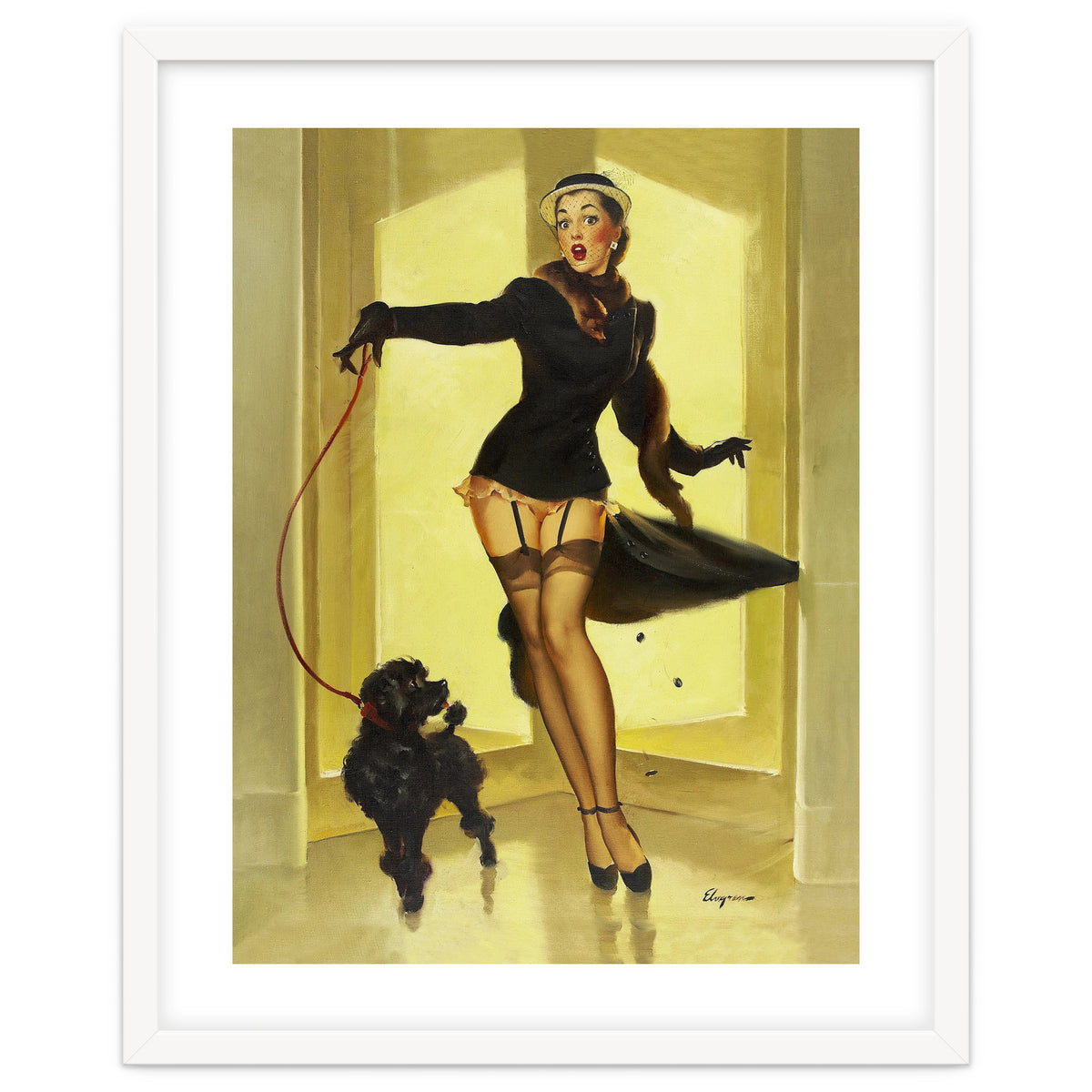 Pinup Girl In Black Dress On A Hall Experiencing Sudden Wind