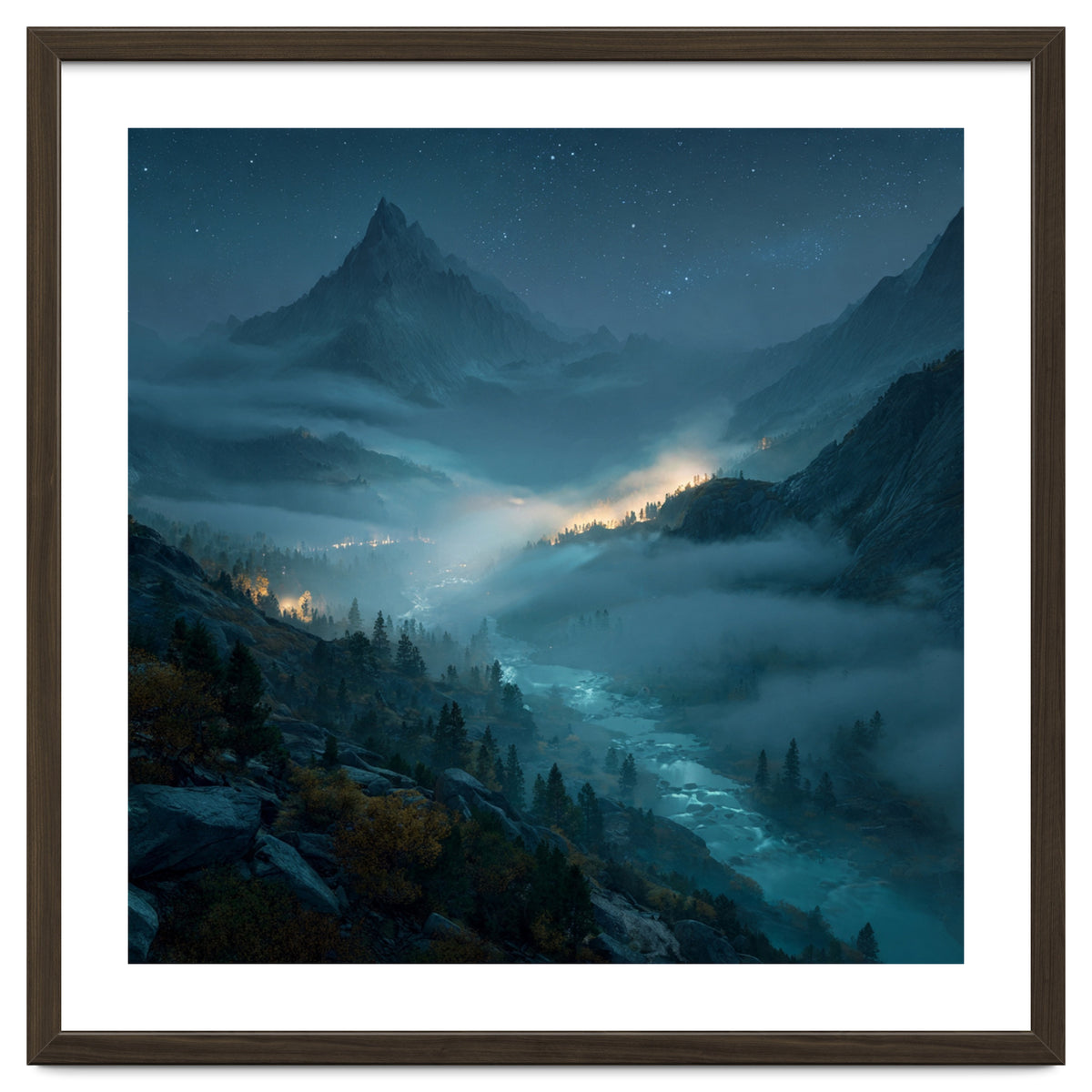 Moonlit Alpine Valley at Night with Shimmering River
