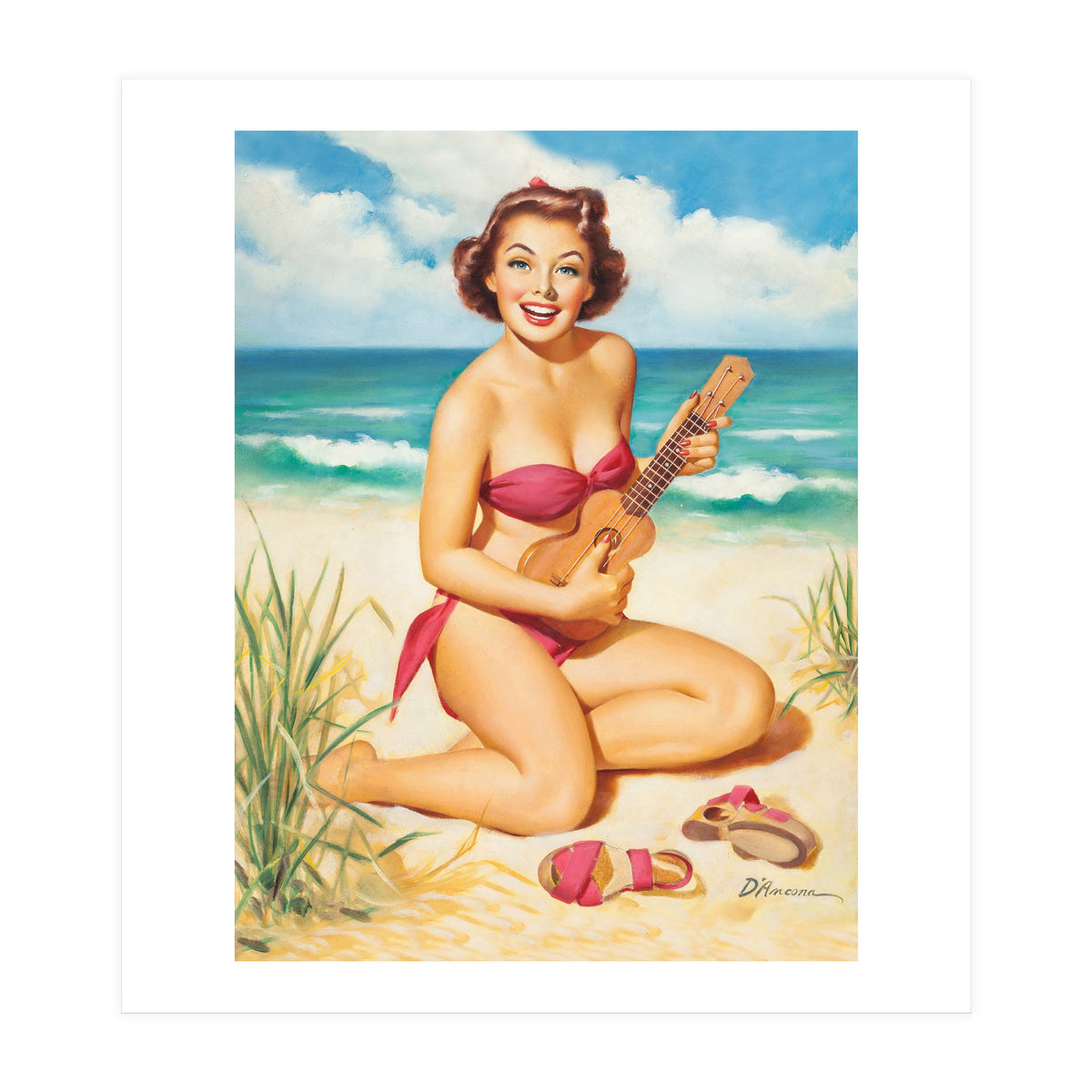 Pinup Girl Playing Ukulele On The Beach (Print Only)
