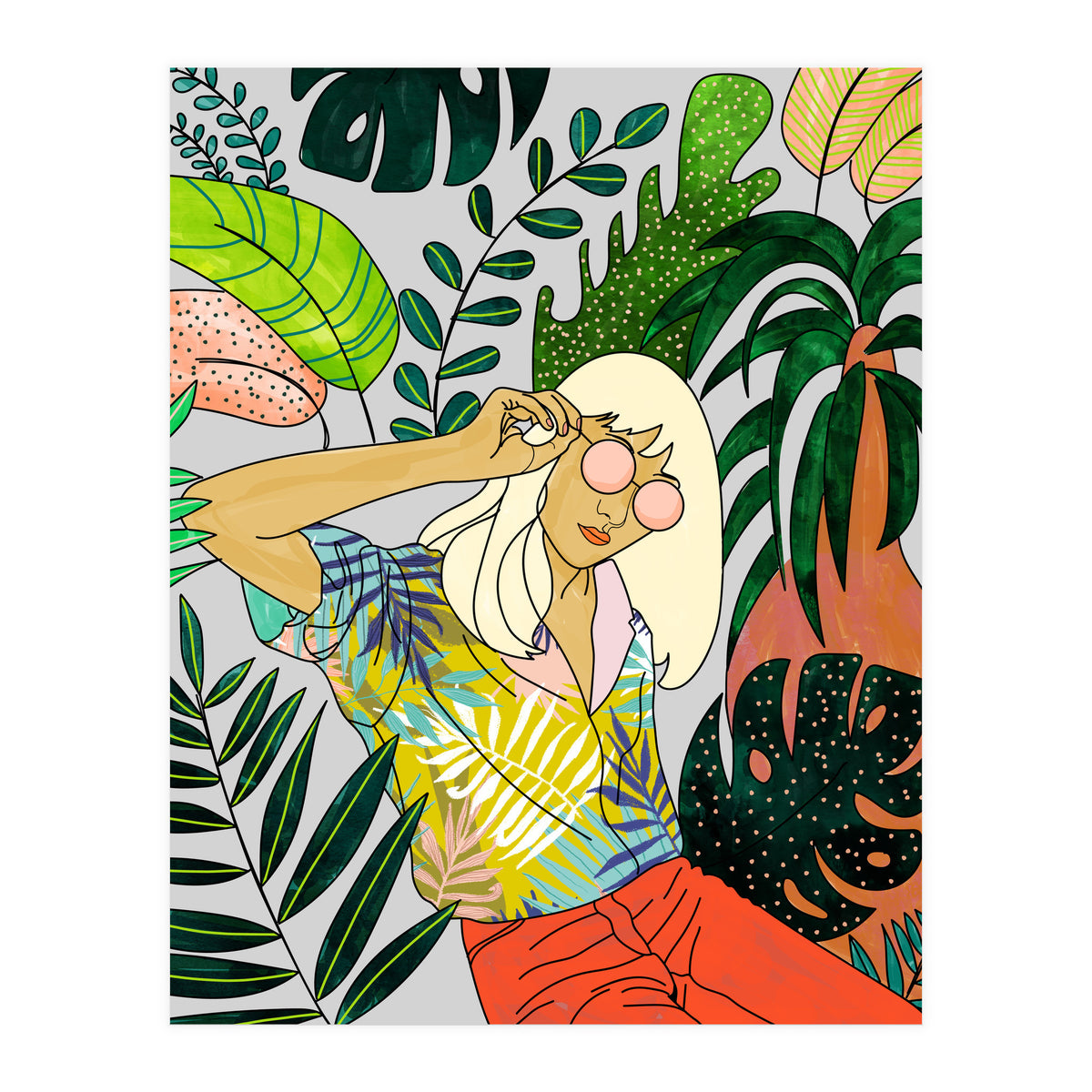 Spring Break, Tropical Bohemian Travel Line Art, Woman Fashion Palm Forest Jungle Watercolor Nature (Print Only)