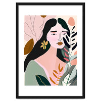 Reinvent, Beautiful Woman Girl Pastel Line Art, Minimal Botanical Nature Portrait, Modern Bohemian Drawing Nomadic Summer Self Love