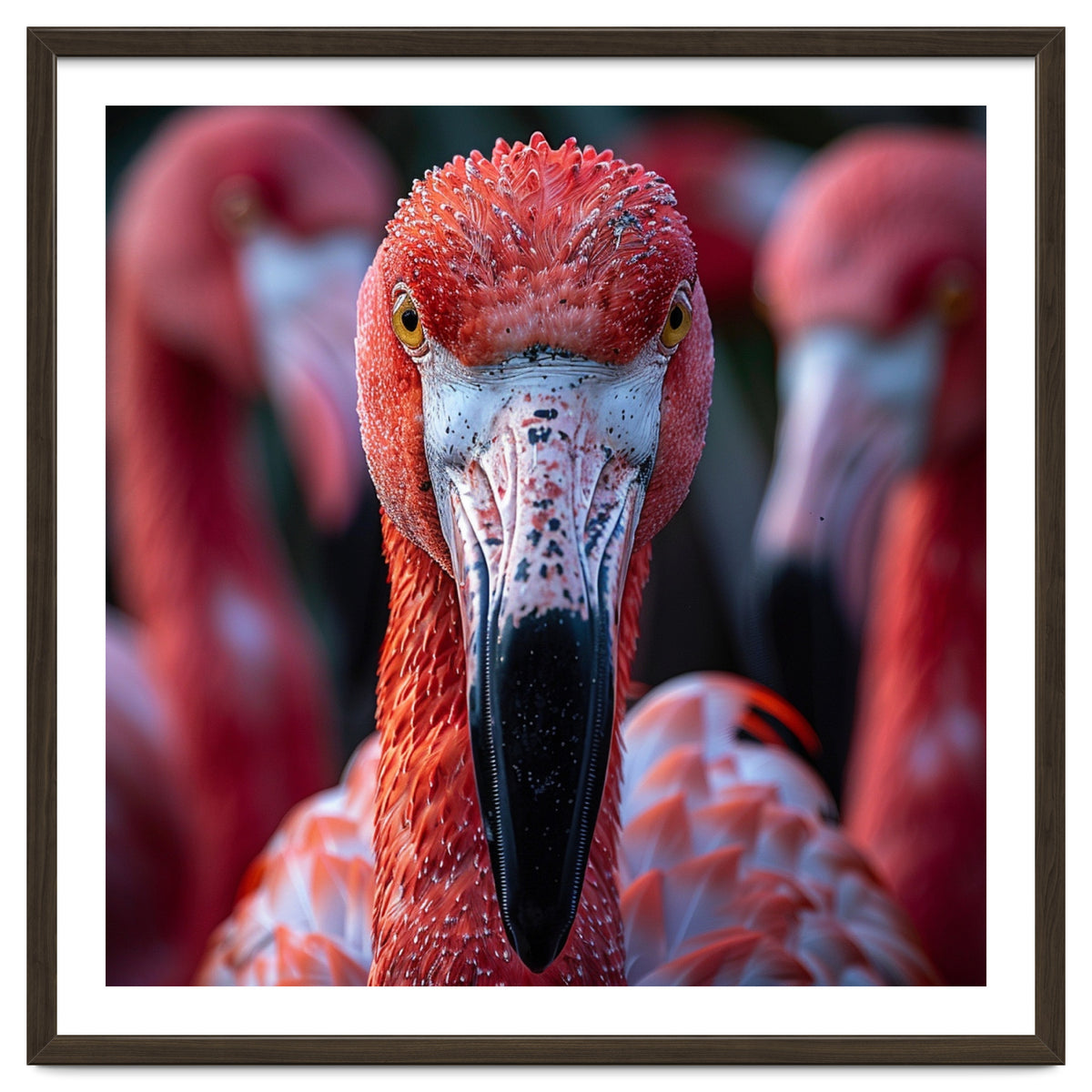 Close Up Of A Flamingo Bird Face, Pink Feathers