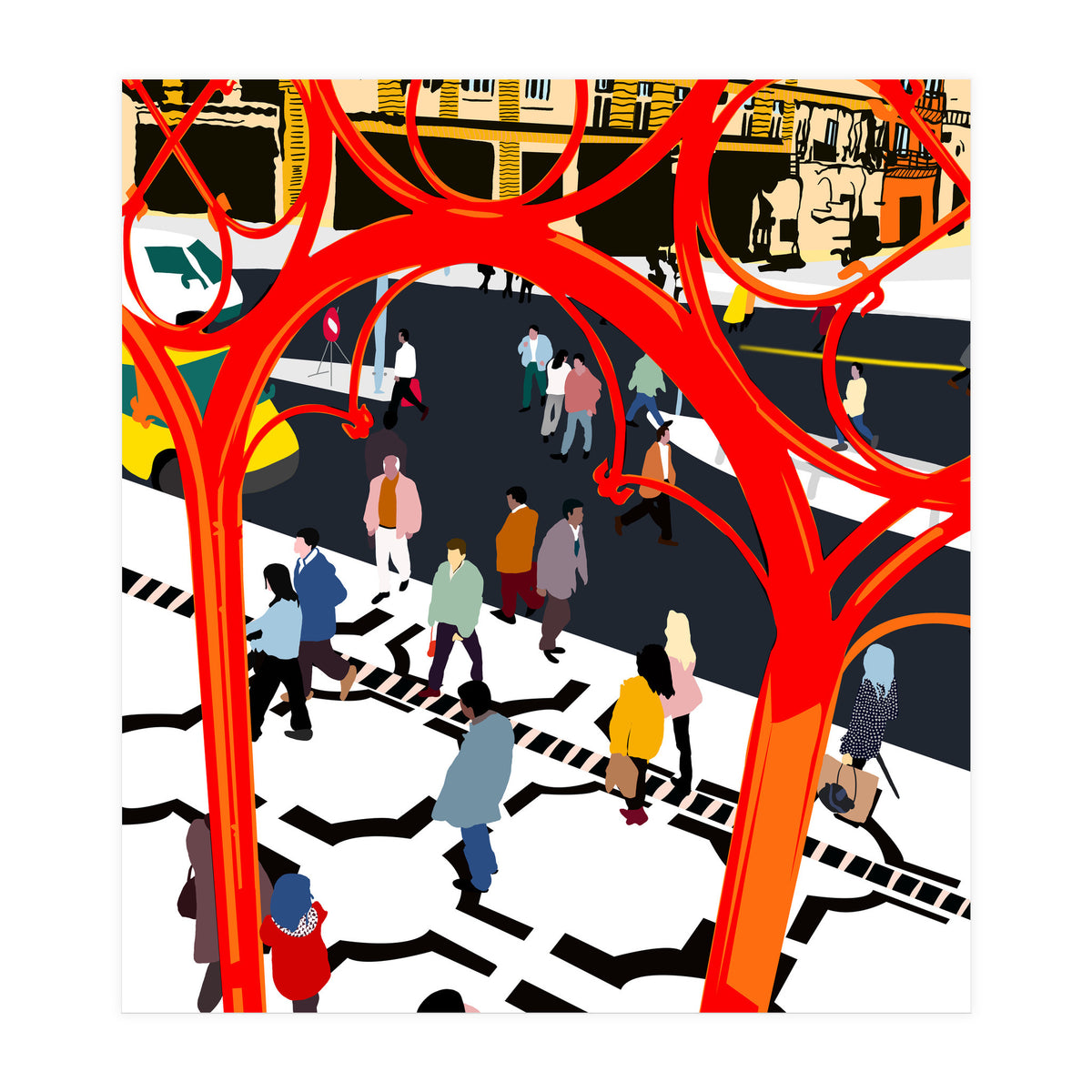 City Street, Eclectic Architecture Buildings Busy New York, People Work Office Daily Life Boho Contemporary Traffic Gifts (Print Only)