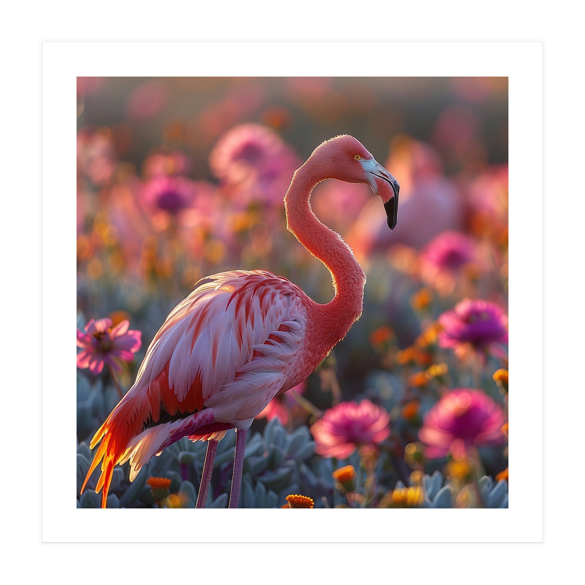 Pink Flamingo Standing In A Field Of Flowers (Print Only)