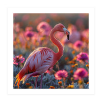 Pink Flamingo Standing In A Field Of Flowers (Print Only)
