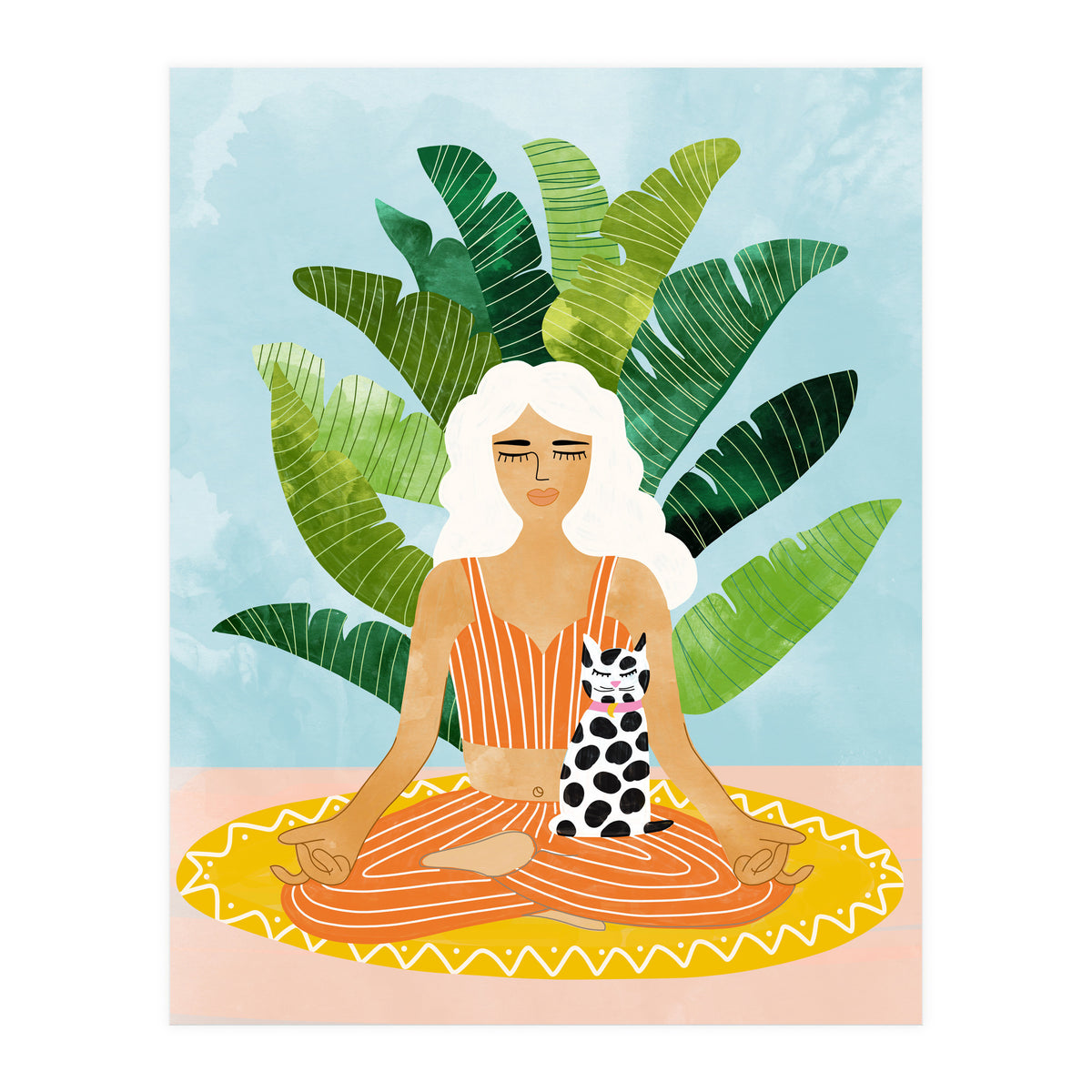 Meditation With Thy Cat Poster | Blonde Woman of Color | Tropical Banana Leaves Quirky Pet Workou (Print Only)