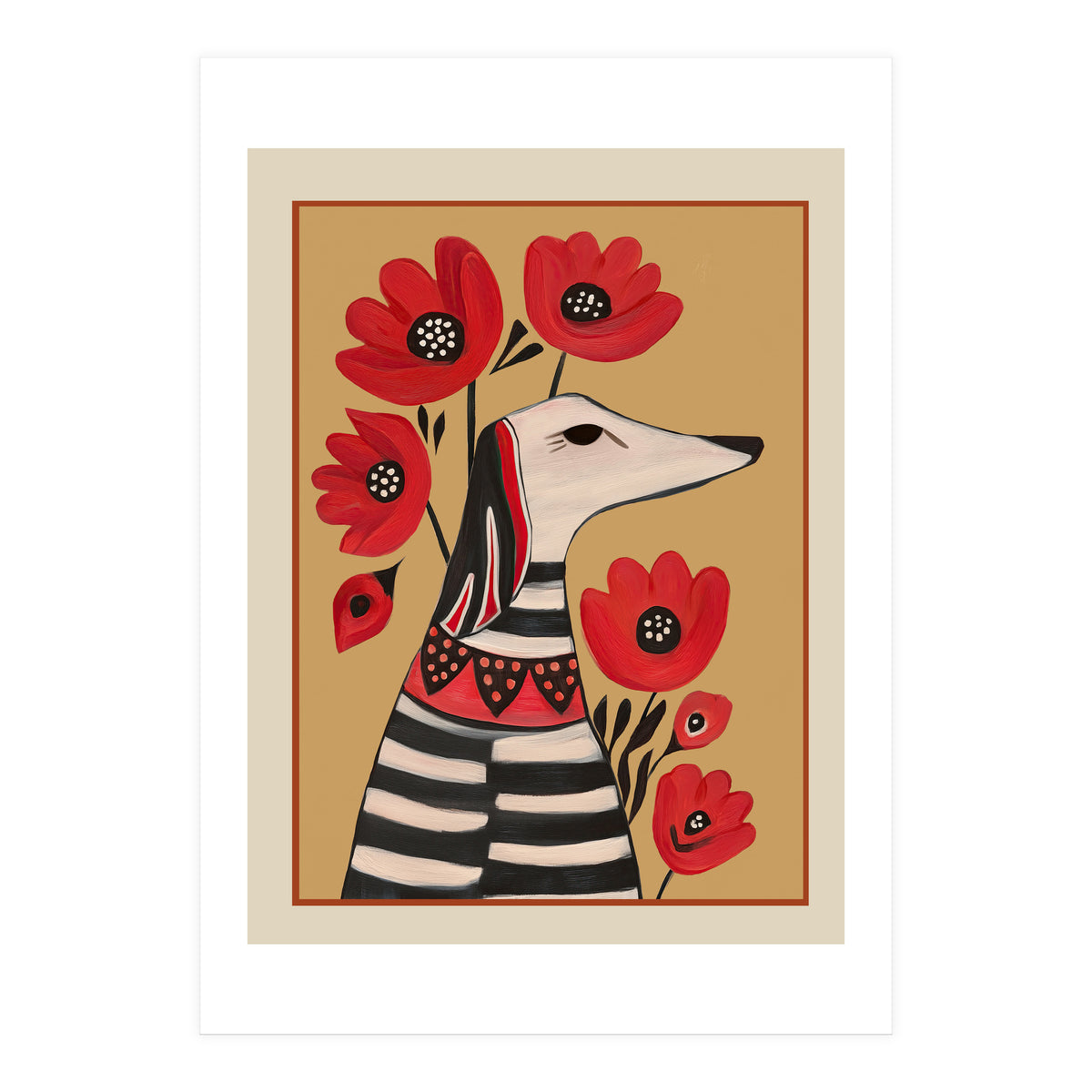 Striped Dog With Poppies (Print Only)