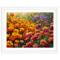 Radiant Summer Zinnia and Marigold Meadow Oil Painting