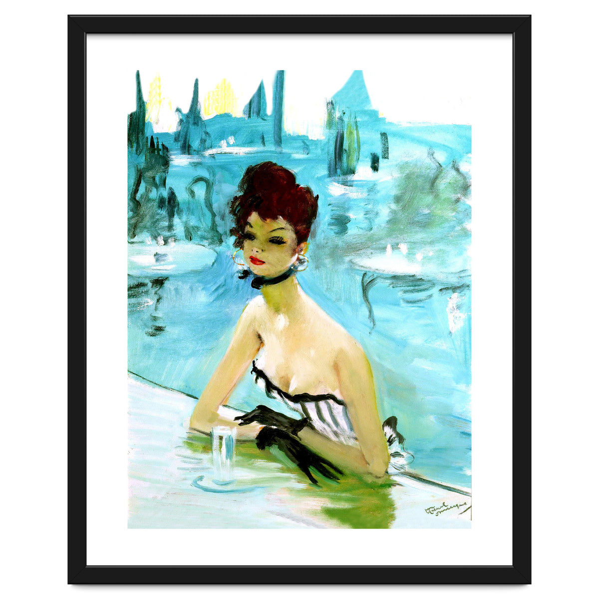 Pinup Girl In Cafe, Watercolor Painting