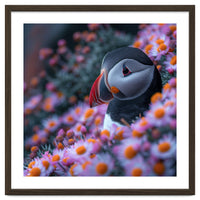 Puffin Bird Among Pink Flowers