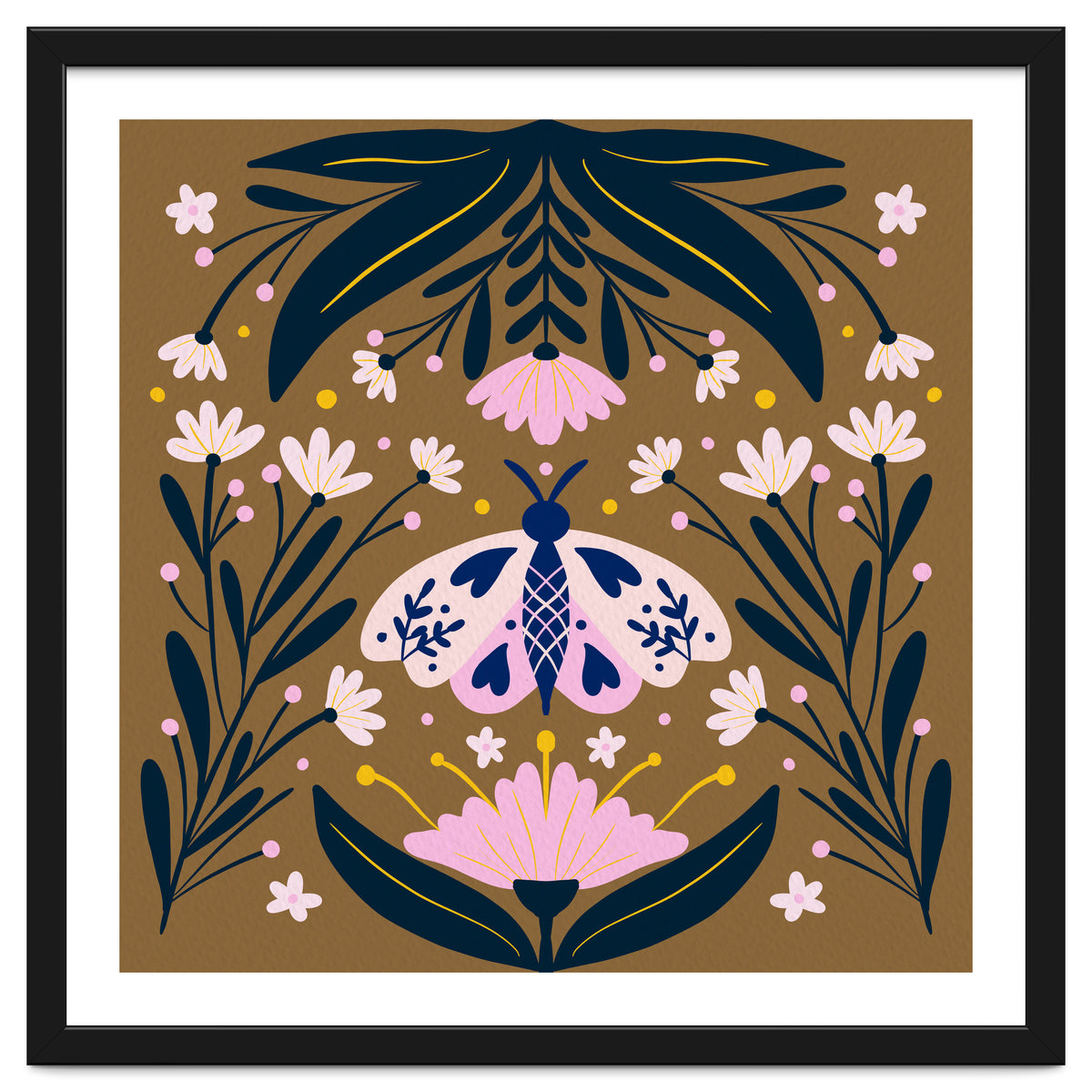 Pink Moth with Flowers on a brown background